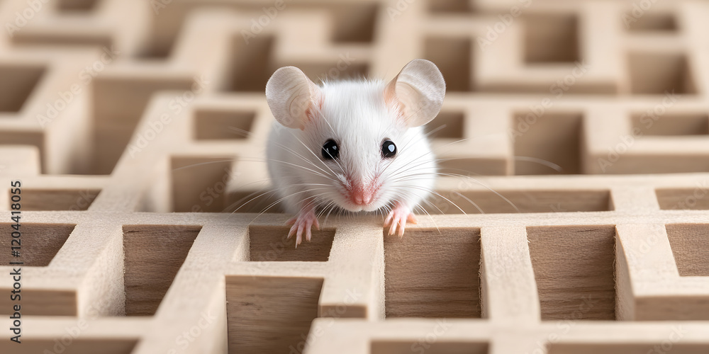 Poster a white mouse cautiously explores a wooden maze, its tiny paws gripping the edges of the intricate p