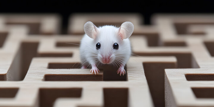 A small white mouse stands at a crossroads in a wooden maze, contemplating its next move.  A captivating image representing choices and challenges.