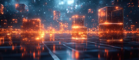 Glowing cubes float in a futuristic digital landscape.