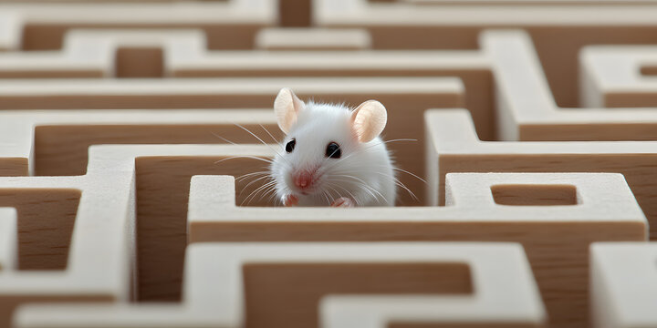 White mouse navigating a wooden maze.  A captivating image representing challenge and problem-solving.