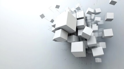 Abstract 3D Rendering of Exploding White Cubes Against a Light Gray Background