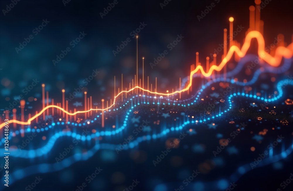 Fototapete Dynamic digital graph chart displays growth in stock trade market. Trendy tech investment strategies visualized as glowing lines, points. Modern abstract chart shows financial data. Glowing orange,