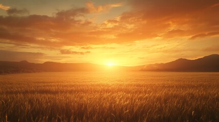 Golden Sunset Bathes Serene Wheat Field. AI Generated