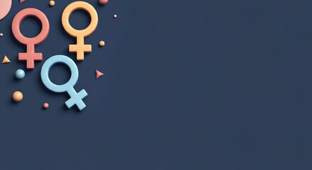 Fototapeta premium Feminine gender symbols on dark blue background, with scattered geometric shapes