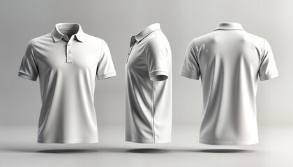 White polo shirt mockup. Three different angles show front side and back. Classic design. Versatile casual attire. Suitable for diverse uses. Simple and elegant. High quality mockup.