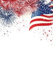 American Flag with Fireworks on White Background, Space for Text, Perfect for Independence Day or Patriotic Designs