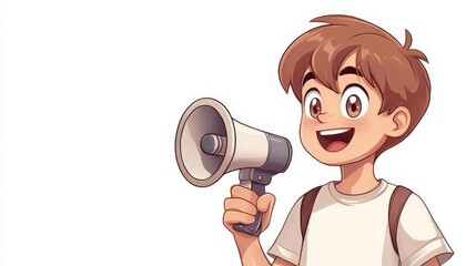 Naklejka premium Cartoon boy holding a megaphone, cheerful expression, playful illustration, white background, concept of youth communication and enthusiasm