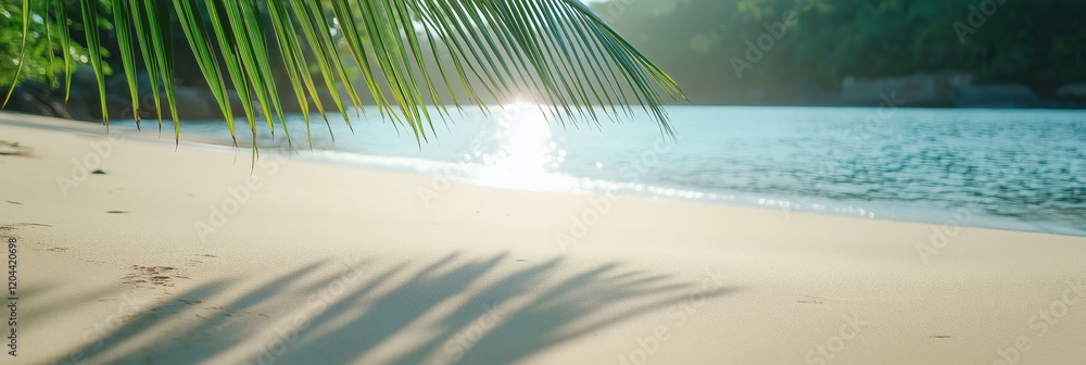 Poster a palm tree is casting a shadow on the beach. the beach is empty and the water is calm