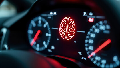 Car dashboard shows firmware update process. Red brain icon appears on display. Digital screen indicates ongoing system upgrade. Vehicle tech displays data about system update. Car modern vehicle.