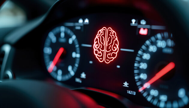 Car dashboard shows firmware update process. Red brain icon appears on display. Digital screen indicates ongoing system upgrade. Vehicle tech displays data about system update. Car modern vehicle.