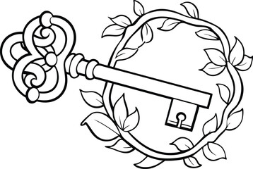 Elegant Key with Floral Line Art Vector Illustration