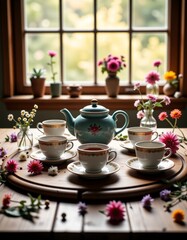 Rustic Vintage Teapot and Teacups with Wildflowers, Photorealistic, Cozy Tea Set Atmosphere, 8K Wallpaper, Warm Serenity, Tradition