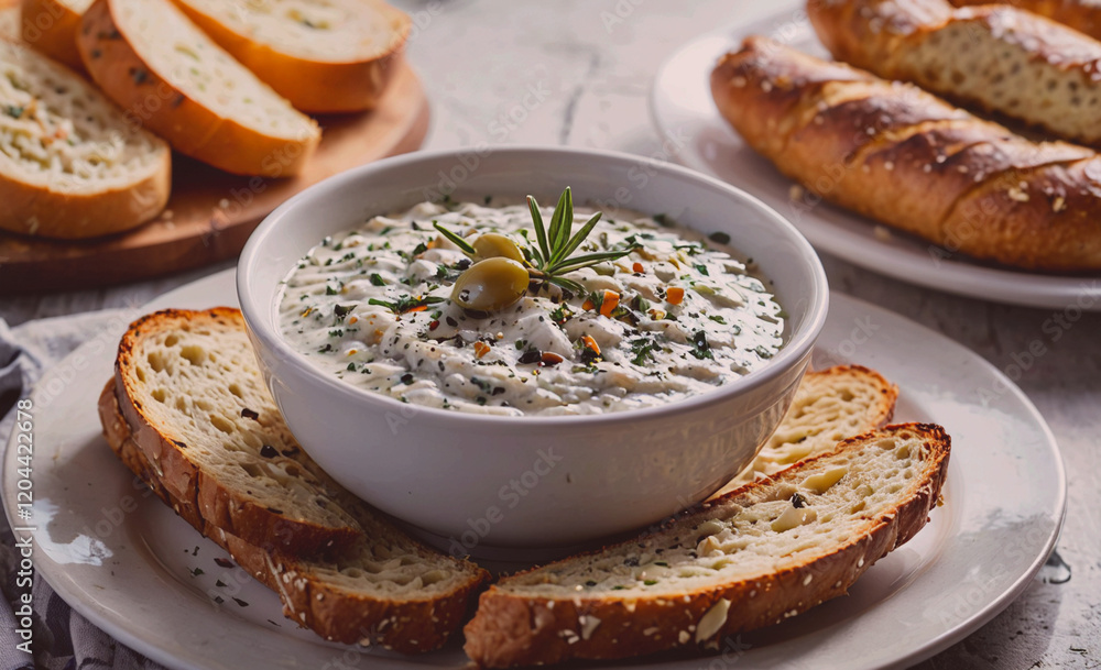 Poster a white plate with a bowl of soup and a few pieces of bread. the soup is garnished with herbs and ha