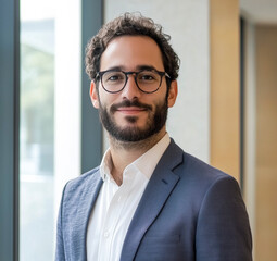 Confident young businessman with glasses and beard smiling in modern office hallway with natural light
