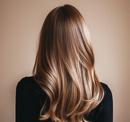 Shiny, long blond brown hair with soft waves from the back against a neutral background, showcasing healthy and well-groomed hairstyle