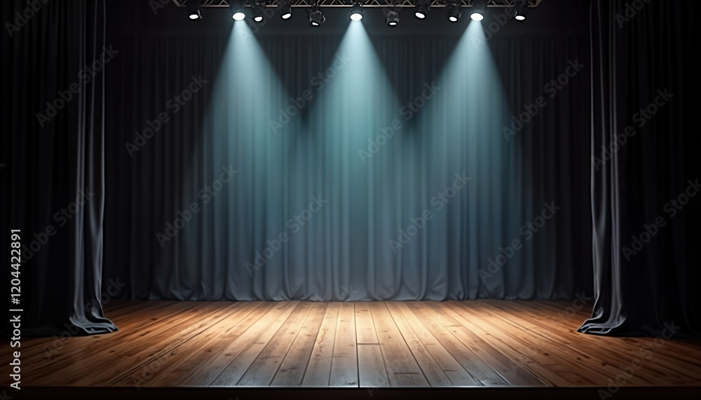 Aufkleber Empty stage with three spotlights shining on it. Wooden floor and dark drapes. Possible scene for concert or show. Bright lights create dramatic effect. Ideal for entertainment or event photo.