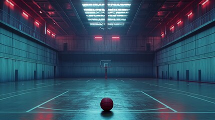Basketball court in a spotlighted arena, with a basketball on the floor.