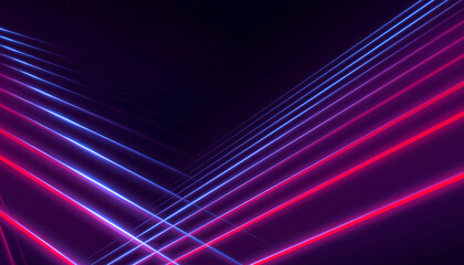 Neon light in tunnels, rays and lines. Perspective of light in motion. Dark abstract neon background, empty stage.