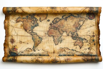Antique World Map on a Rolled Parchment with Detailed Compass and Nautical Symbols