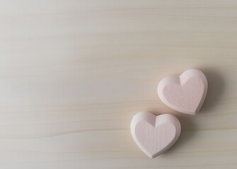 Fototapeta premium Minimalist composition featuring two pastel pink wooden hearts on a light wood texture background, perfect for Valentine's Day designs, romantic themes, and greeting cards
