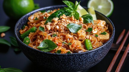 Spicy Peanut Noodles with Tofu, vibrant Asian cuisine, dark background, healthy meal