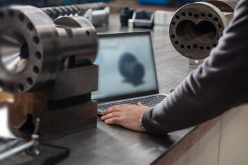 Professional quality control inspector conduct safety inspection on steel machinery and manufacturing process. Factory engineer or operator make