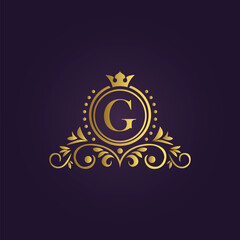 Royal luxury logo design with golden crown and elegant patterns for premium branding  
