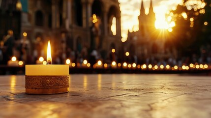Candlelight vigil at sunset, historic church backdrop, remembrance
