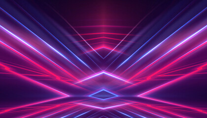 Neon light in tunnels, rays and lines. Perspective of light in motion. Dark abstract neon background, empty stage.