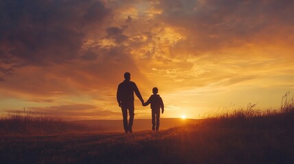 Obraz premium A father and son holding hands while walking at sunset symbolizing love trust and family bonding