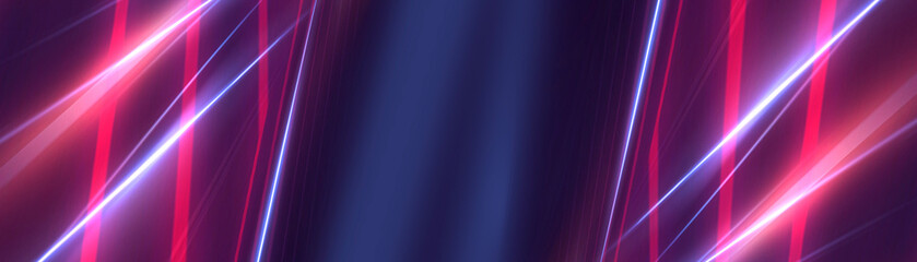 Neon light in tunnels, rays and lines. Perspective of light in motion. Dark abstract neon background, empty stage.