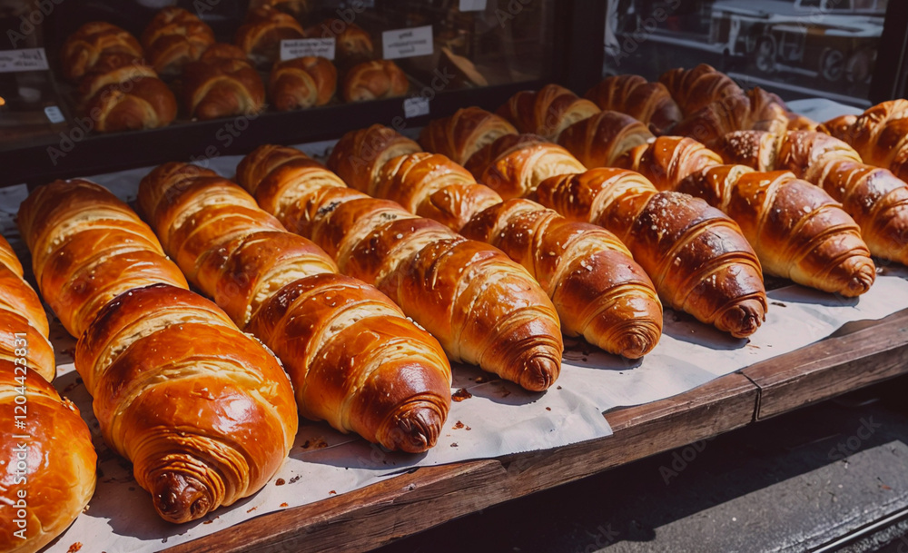Poster a row of croissants are displayed on a wooden table. the croissants are golden brown and appear to b
