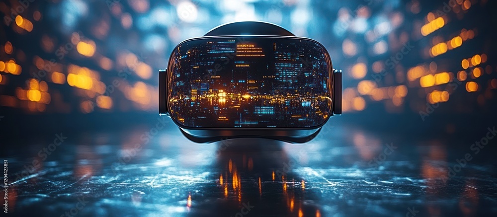 Poster futuristic vr headset displaying digital data on a reflective surface.