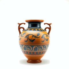 An Etruscan amphora with ornate handles and vibrant red-and-black patterns. Generative AI