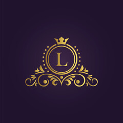 Royal luxury logo design with golden crown and elegant patterns for premium branding  
