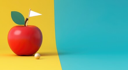Red apple with flag, small ball, yellow and blue background