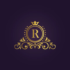 Royal luxury logo design with golden crown and elegant patterns for premium branding  
