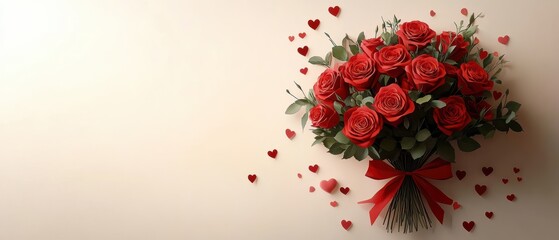 Beautiful bouquet of red roses with hearts on a cream background