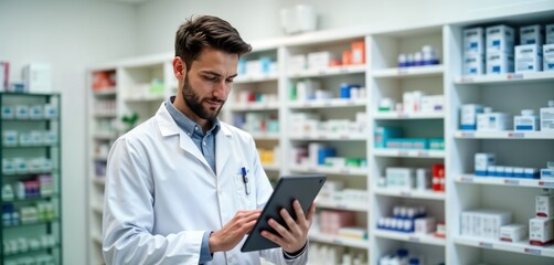 Pharmacist uses digital tablet in pharmacy. Young pro looks at tech screen. Modern pharmacy interior. Shelves stocked with drugs. Focuses on work. Modern pharmacy. Efficient service. Healthcare