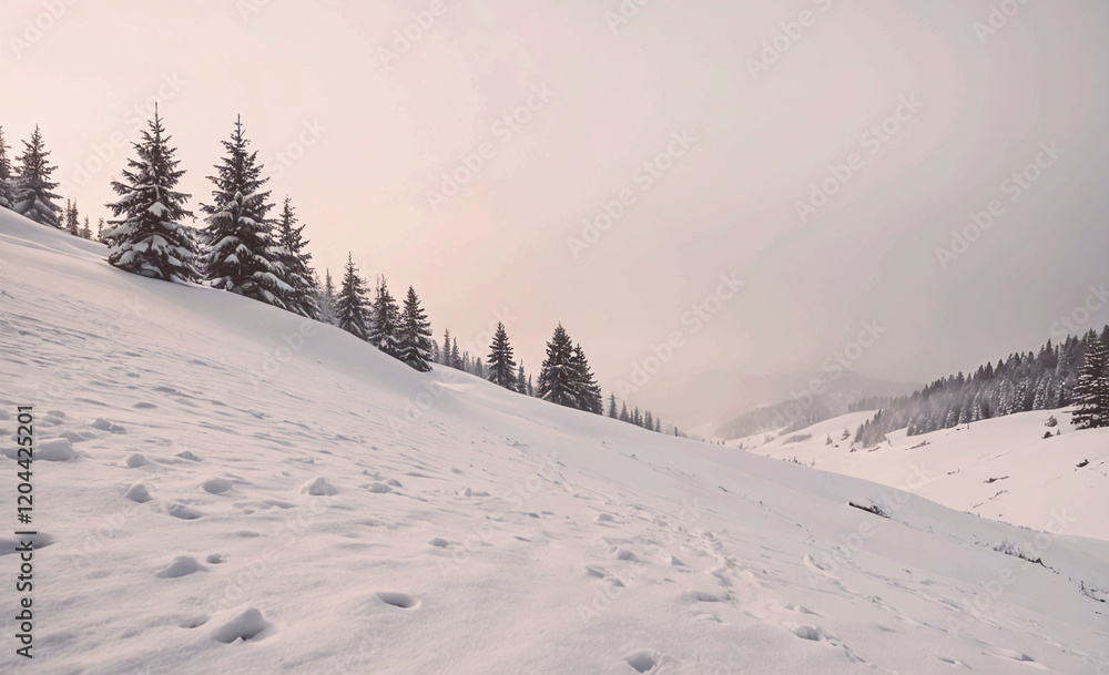Poster a snowy hillside with trees and a sky in the background. the sky is a light blue color