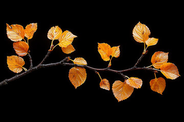 Autumnal branch, golden leaves, black background.