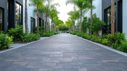 Fototapeta premium Palm-lined walkway between modern buildings