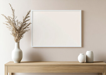 Blank picture frame mockup on gray wall. White living room design. View of modern scandinavian style interior with artwork mock up on wall. Home staging and minimalism concept