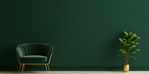 Elegant green velvet armchair and plant against a dark green wall. Perfect for interior design inspiration.