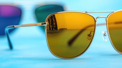 Gold aviator sunglasses reflect city, blue background. Summer fashion accessory