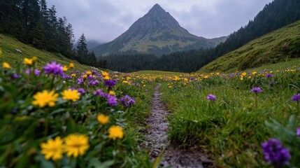 Obraz premium Yellow and purple wildflowers bloom along a narrow dirt path leading toward a majestic mountain peak under a cloudy sky.