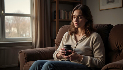 Grieving woman holding pet ashes urn on couch, sorrowful reflection