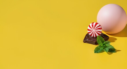 Obraz premium Red and white peppermint candy on dark chocolate with mint sprig geometric shapes yellow background