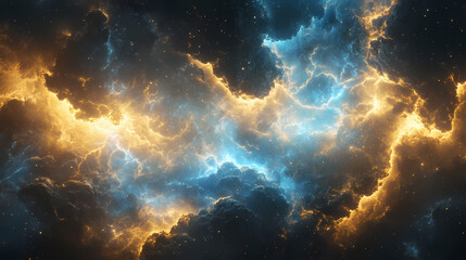 Fototapeta premium Surreal cosmic storm with electric blue and gold hues. Cosmic Storm. Illustration