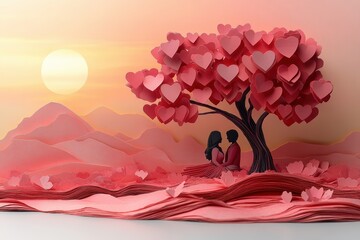 Romantic Paper Art of Couple Under Heart-Tree at Sunset